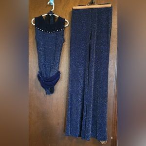 Adult small blue and black sparkle two piece dance costume